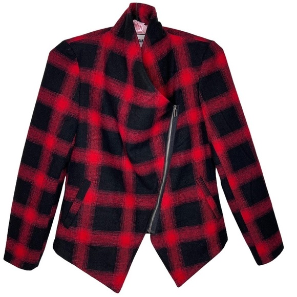BB Dakota Lilymay Jacket Size XS Red Black Plaid Asymmetric Zip Wool Blend Boho - Picture 16 of 16